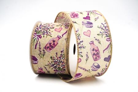 Light Brown Purple Flowers & Hearts Design Wired Ribbon_KF8492GC-13-183