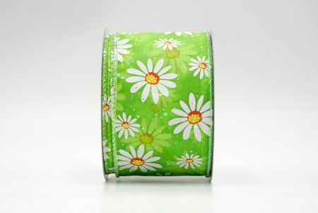 Green_Sheer Glittery White Daisy Flower Wired Ribbon_KF8524GN-15