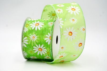 Green_Sheer Glittery White Daisy Flower Wired Ribbon_KF8524GN-15