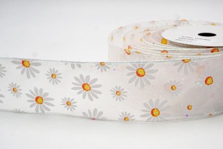 White_Sheer Glittery White Daisy Flower Wired Ribbon_KF8524GN-1