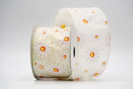 Cream_Sheer Glittery White Daisy Flower Wired Ribbon_KF8524GN-2