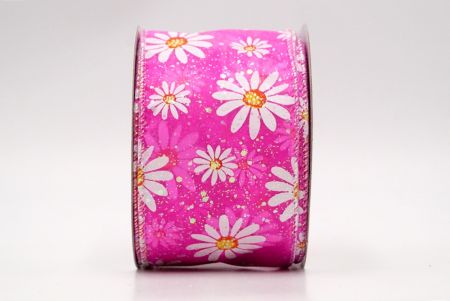 Hot Pink_Sheer Glittery White Daisy Flower Wired Ribbon_KF8524GN-40