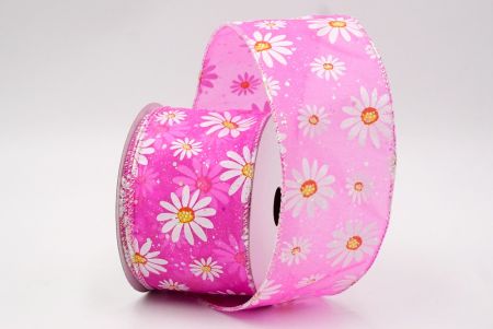 Hot Pink_Sheer Glittery White Daisy Flower Wired Ribbon_KF8524GN-40