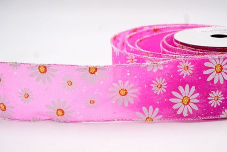 Hot Pink_Sheer Glittery White Daisy Flower Wired Ribbon_KF8524GN-40