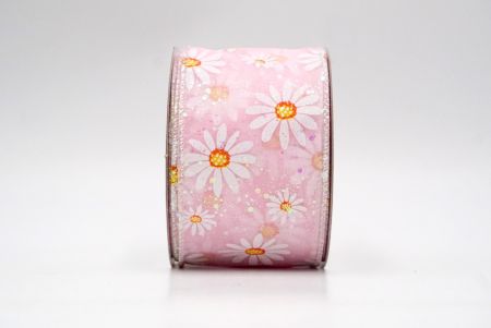 Pink_Sheer Glittery White Daisy Flower Wired Ribbon_KF8524GN-5