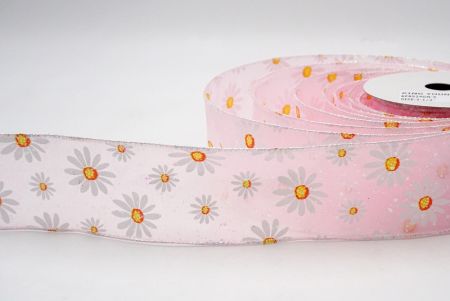 Pink_Sheer Glittery White Daisy Flower Wired Ribbon_KF8524GN-5