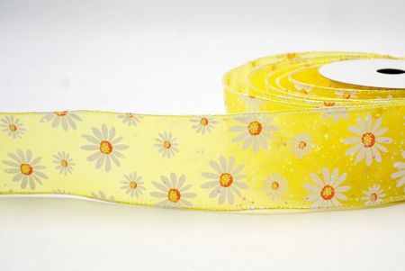 Yellow_Sheer Glittery White Daisy Flower Wired Ribbon_KF8524GN-6