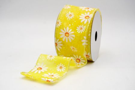 Yellow_Sheer Glittery White Daisy Flower Wired Ribbon_KF8524GN-6