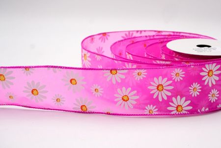 Hot Pink_Sheer White Daisy Flower Wired Ribbon_KF8525GC-40-40