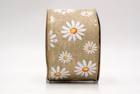 Khaki Glittered_White Daisy Flower Wired Ribbon_KF8527GC-13-183