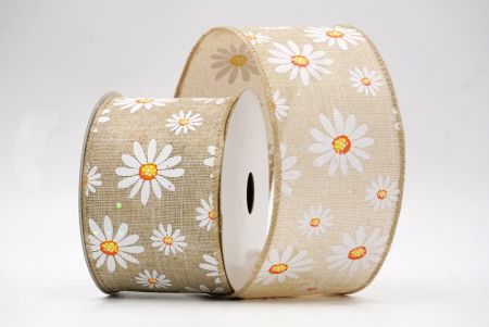 Khaki Glittered_White Daisy Flower Wired Ribbon_KF8527GC-13-183