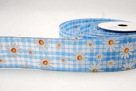 Plaid Blue_White Daisy Flower Wired Ribbon_KF8528GC-12-216