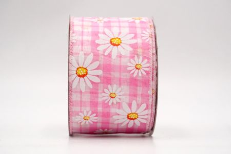 Plaid Pink_White Daisy Flower Wired Ribbon_KF8528GC-5-5