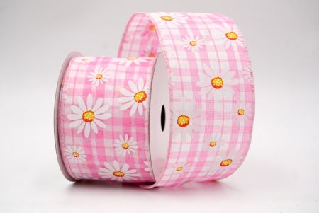 Plaid Pink_White Daisy Flower Wired Ribbon_KF8528GC-5-5