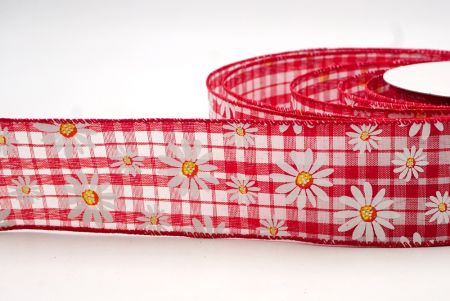 Plaid Red_White Daisy Flower Wired Ribbon_KF8528GC-7-7