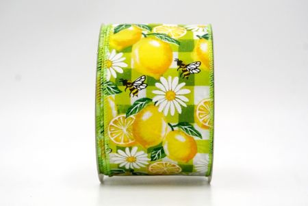 Green_Checkered Lemon, Bee and Daisy Flower Wired Ribbon_KF8530GC-15-190