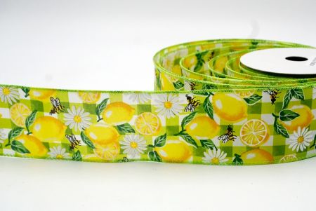 Green_Checkered Lemon, Bee and Daisy Flower Wired Ribbon_KF8530GC-15-190