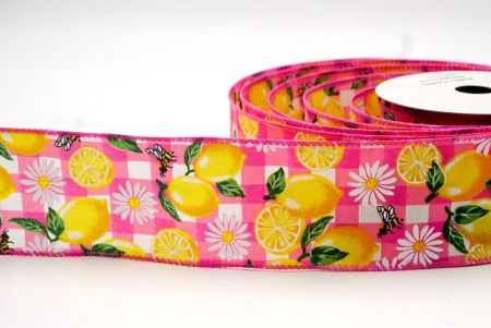 Pink_Checkered Lemon, Bee and Daisy Flower Wired Ribbon_KF8530GC-5-218