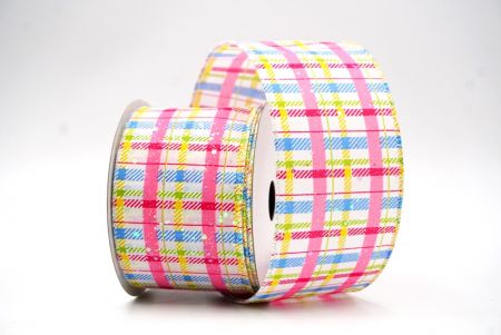 Pink & Apple green Spring Plaid Wired Ribbon_KF8535GN-5