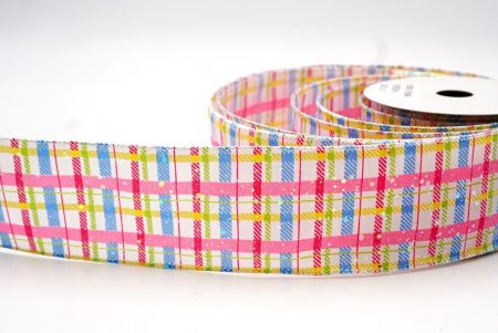 Pink & Apple green Spring Plaid Wired Ribbon_KF8535GN-5