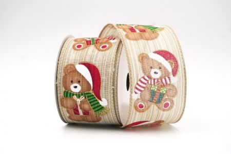 Light Brown Santa Bear & Gifts Wired Ribbon_KF8555GC-13-183