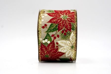 Khaki/Gold_Poinsettia, Spruce Cone and Holly Berries Wired Ribbon_KF8563G-13