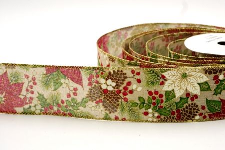 Khaki/Gold_Poinsettia, Spruce Cone and Holly Berries Wired Ribbon_KF8563G-13