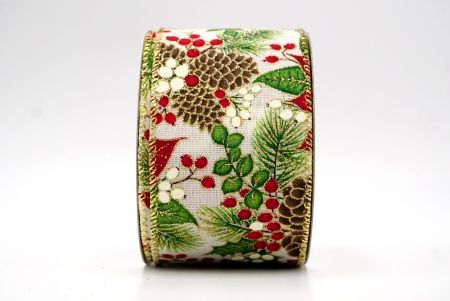 Creme/Gold_Poinsettia, Tannenzapfen und Stechpalmenbeeren Drahtband_KF8563G-2