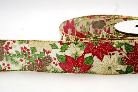 Cream/Gold_Poinsettia, Spruce Cone and Holly Berries Wired Ribbon_KF8563G-2