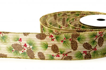 Light Brown Christmas Pinecones Wired Ribbon_KF8574G-13