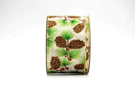 White Christmas Pinecones Wired Ribbon_KF8574G-2