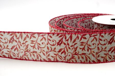 Gray/Red_Christmas Leaf Pattern Wired Ribbon_KF8579GC-50-7