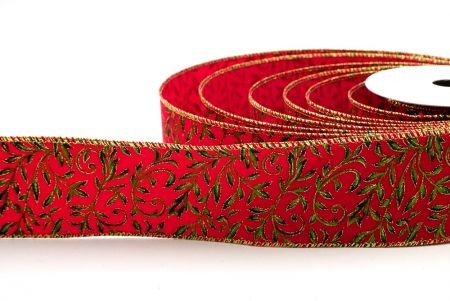 Red Velvet_Christmas Leaf Pattern Wired Ribbon_KF8580G-7