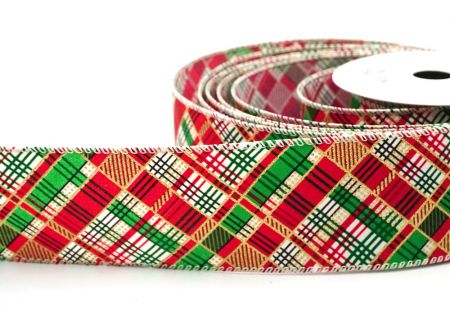 Rood/Groen Kerst Geometrisch Ruit Wired Ribbon_KF8586GC-1-2