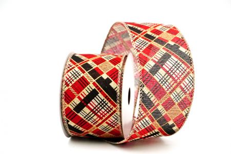 Beige/Red Christmas Geometric Plaid Wired Ribbon_KF8587GC-14-183