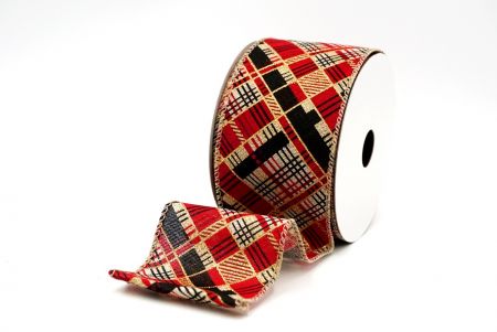 Beige/Red Christmas Geometric Plaid Wired Ribbon_KF8587GC-14-183