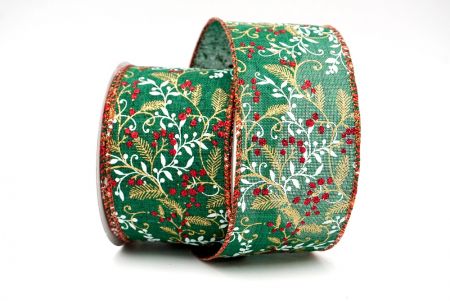 Green_Glittery Christmas Leaves and Berries Wired Ribbon_KF8596GR-3