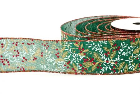 Green_Glittery Christmas Leaves and Berries Wired Ribbon_KF8596GR-3