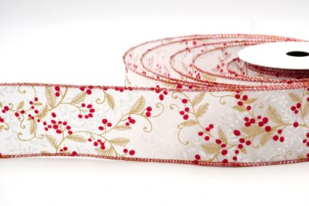 White_Glittery Christmas Leaves and Berries Wired Ribbon_KF8597GR-1