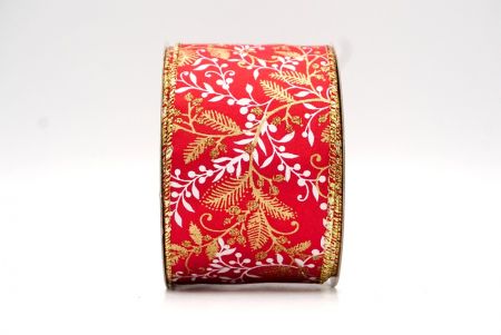 Red/Gold_Glittery Christmas Leaves and Berries Wired Ribbon_KF8598G-7