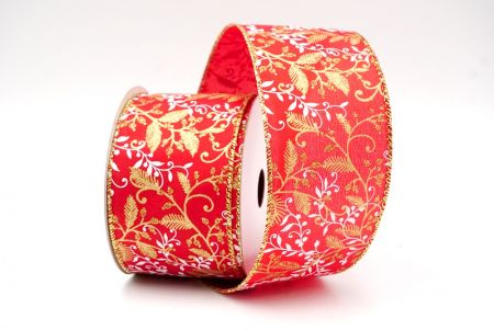 Red/Gold_Glittery Christmas Leaves and Berries Wired Ribbon_KF8598G-7