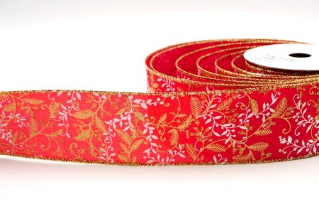 Red/Gold_Glittery Christmas Leaves and Berries Wired Ribbon_KF8598G-7