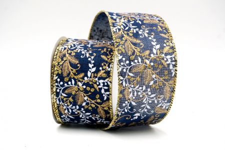 Marineblau_Glitzernde Weihnachtsblätter und Beeren Drahtband_KF8599G-4