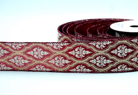 Burgundy Damask Glitter outline Wired Ribbon_KF8602GC-8-8