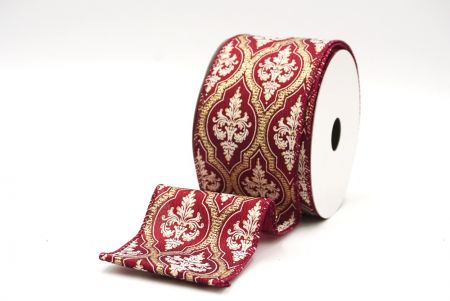 Burgundy Damask Glitter outline Wired Ribbon_KF8602GC-8-8