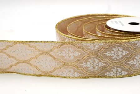 Light Brown Damask Glitter outline Wired Ribbon_KF8603GC-14