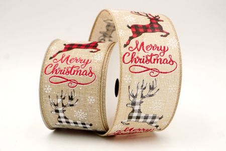 Khaki_Merry Christmas and Plaid Reindeer Wired Ribbon_KF8606GC-13-183