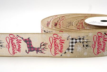 Khaki_Merry Christmas and Plaid Reindeer Wired Ribbon_KF8606GC-13-183