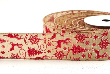 Natural Brown Glitter Reindeer, Snowflakes, Christmas tree design Wired Ribbon_KF8608GC-13-183