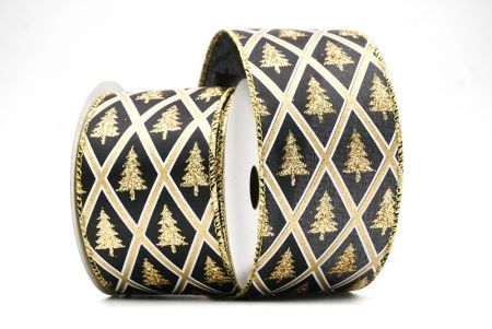 Black/Gold Diamond Glitter Christmas tree design Wired Ribbon_KF8614G-53